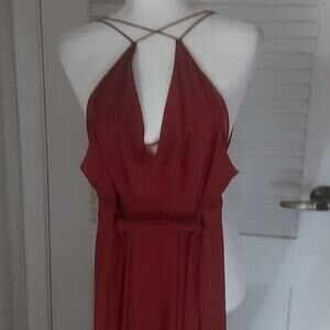 Luxxel Strapped Keyhole Front Burgundy Wide Leg Belted Elastic Jumpsuit M Party